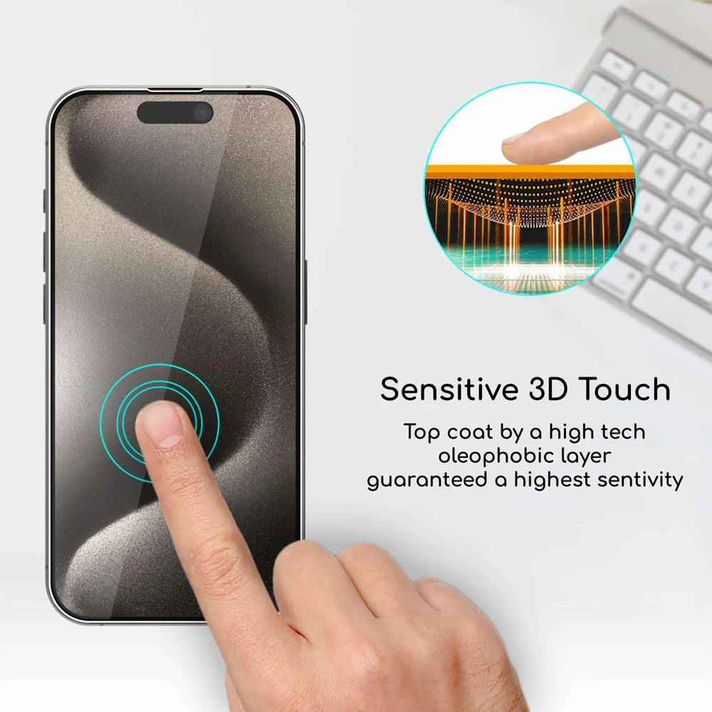 Film iPhone 17 16 15 Pro Max en verre transparent.
